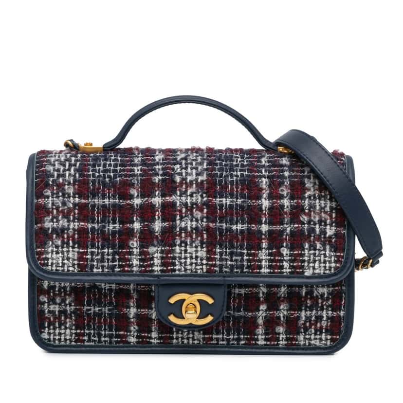 Chanel Small Tweed School Memory Top Handle Flap Blue Tweed Very good condition - Front View
