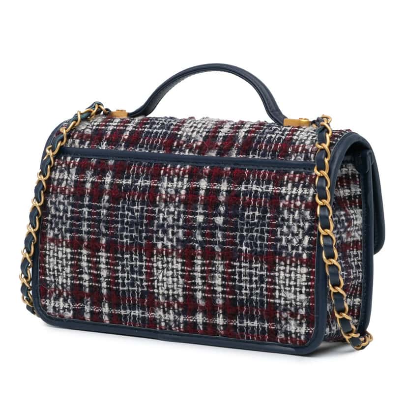 Chanel Small Tweed School Memory Top Handle Flap Blue Tweed Very good condition - Back View