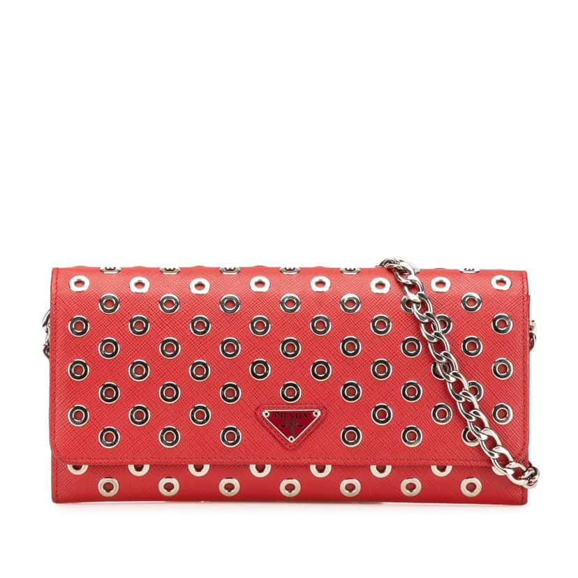 Prada Saffiano Grommet Wallet On Chain Red Leather Good condition - Front View
