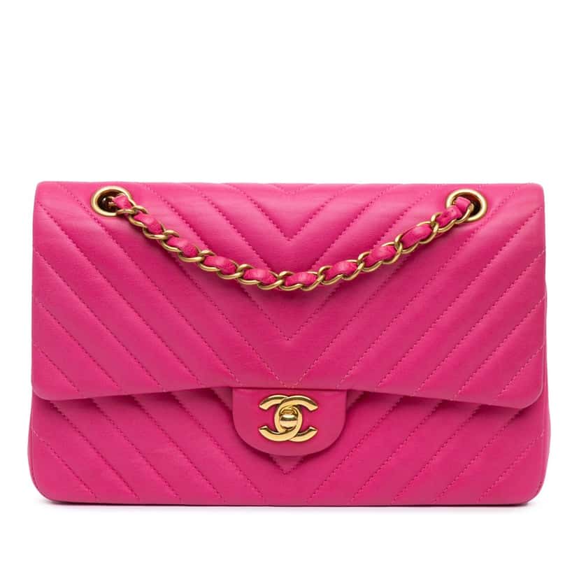 Chanel Medium Classic Chevron Lambskin Double Flap Pink Leather Good condition - Front View