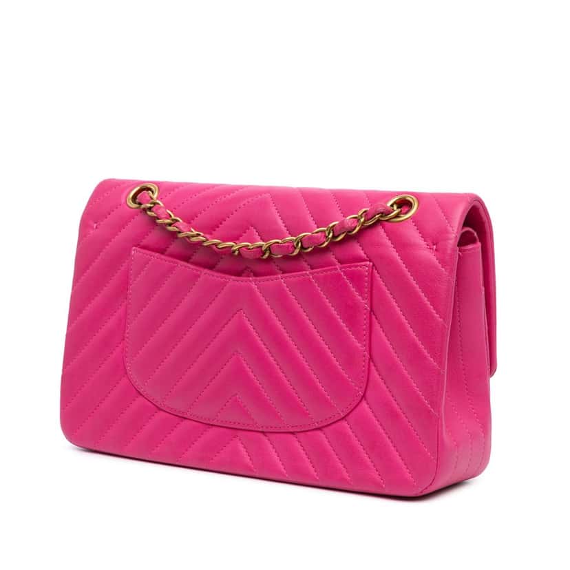 Chanel Medium Classic Chevron Lambskin Double Flap Pink Leather Good condition - Back View