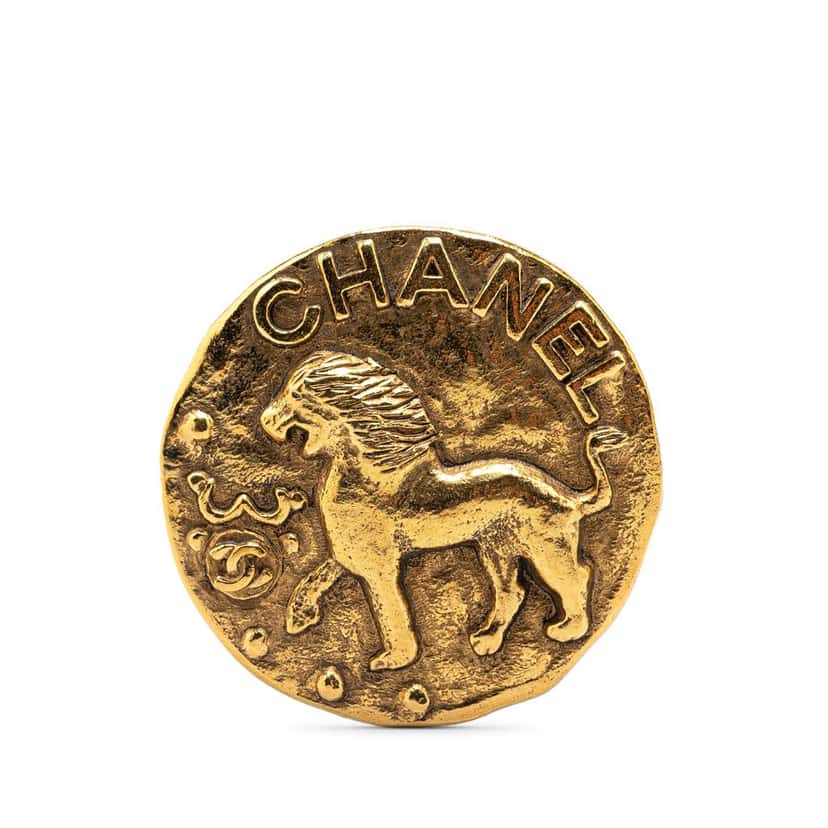 Chanel Gold Plated CC Round Lion Brooch Gold Metal Good condition - Front View
