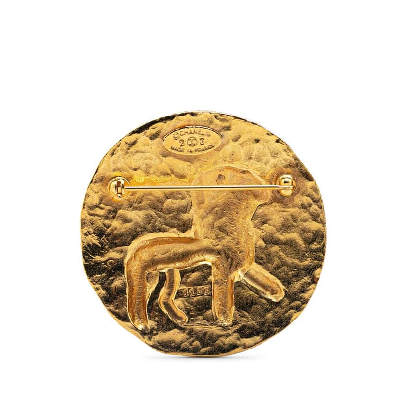Chanel Gold Plated CC Round Lion Brooch Gold Metal Good condition - Back View