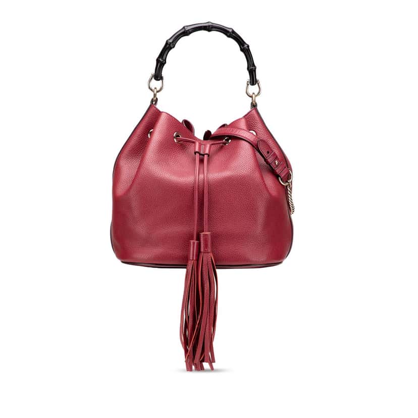 Gucci Pebbled Calfskin Miss Bamboo Bucket Bag Red Leather Good condition - Front View
