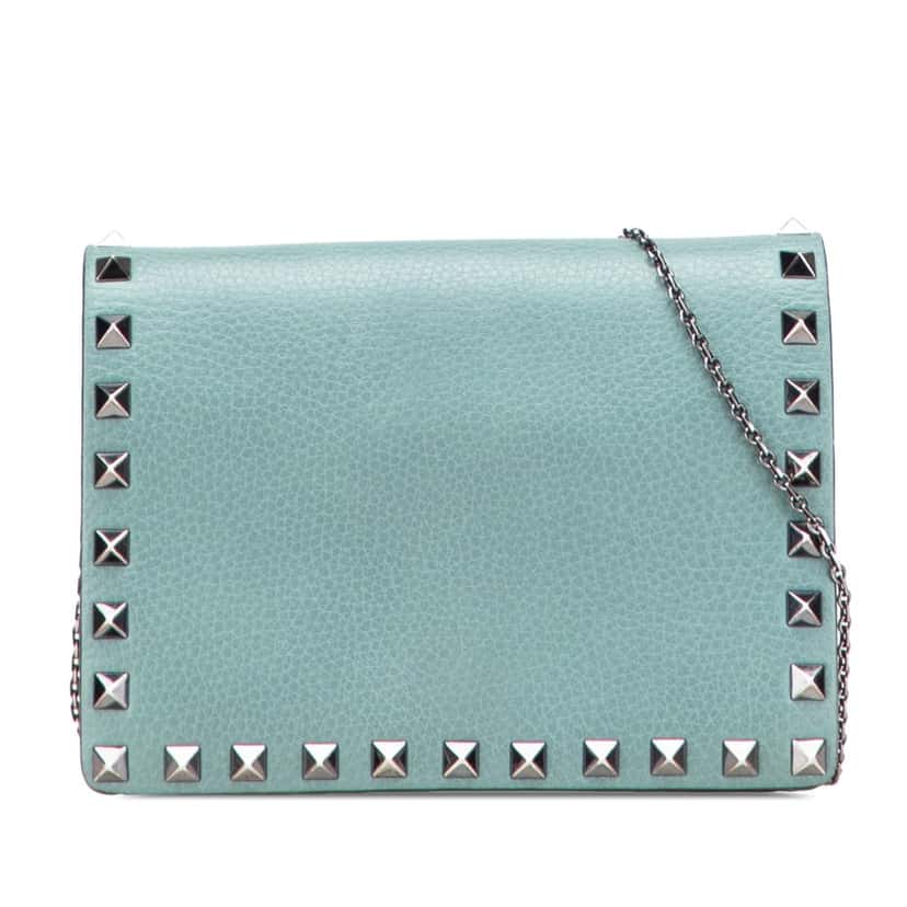 Valentino Pebbled Calfskin Rockstud Wallet On Chain Blue Leather Good condition - Front View