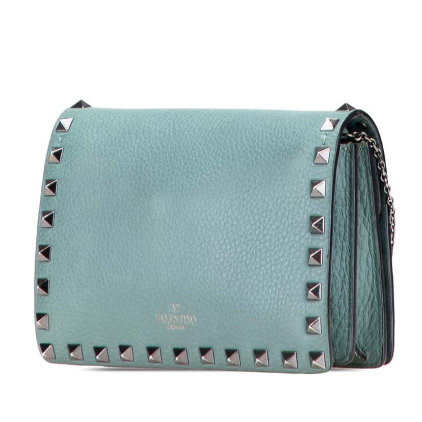 Valentino Pebbled Calfskin Rockstud Wallet On Chain Blue Leather Good condition - Back View
