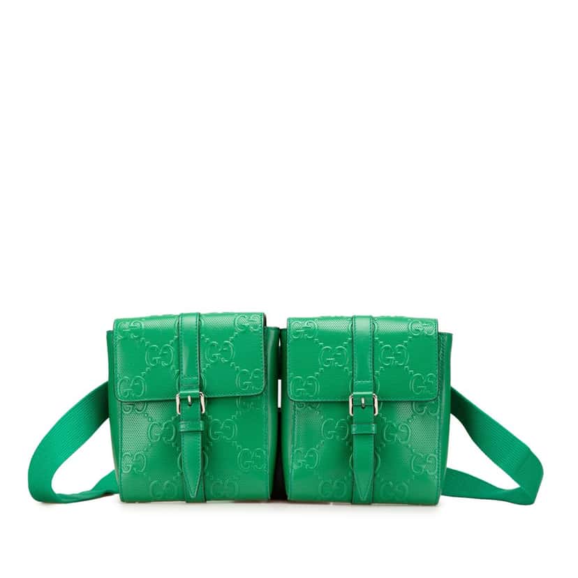 Gucci GG Embossed Perforated Double Belt Bag Green Leather Good condition - Front View