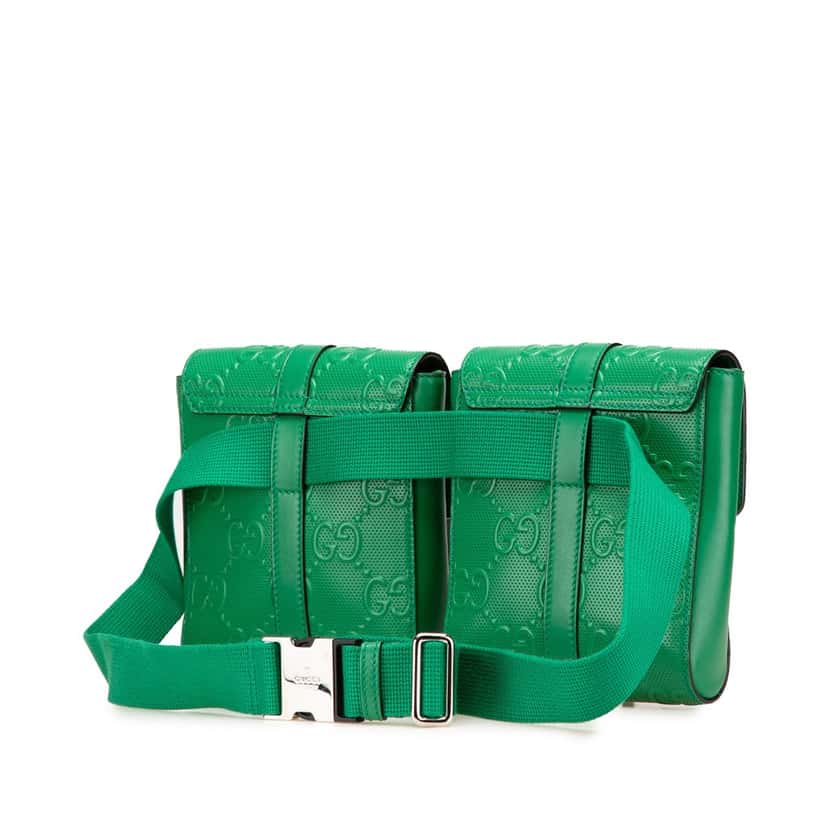 Gucci GG Embossed Perforated Double Belt Bag Green Leather Good condition - Back View