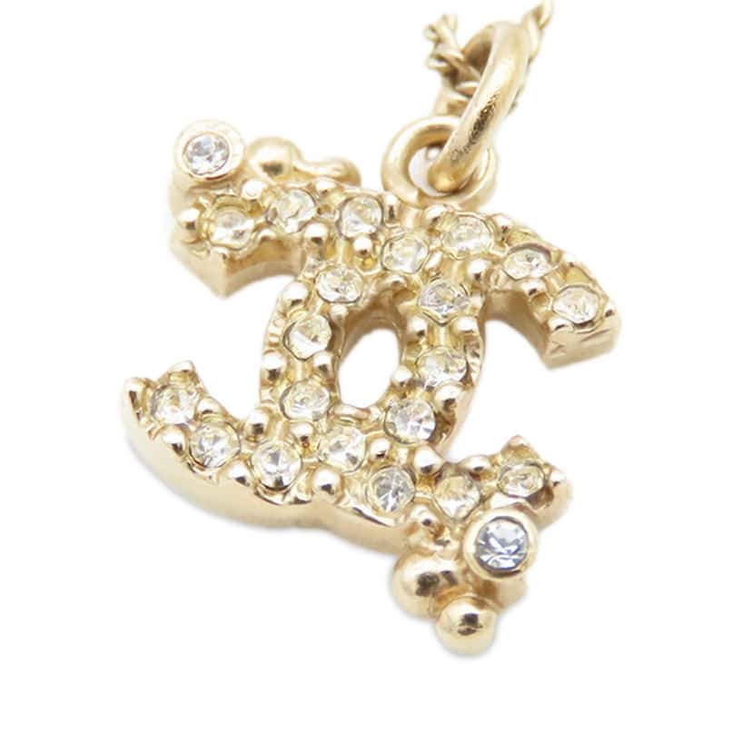 Chanel Gold Plated CC Rhinestones Pendant Necklace Gold Metal Good condition - Model View