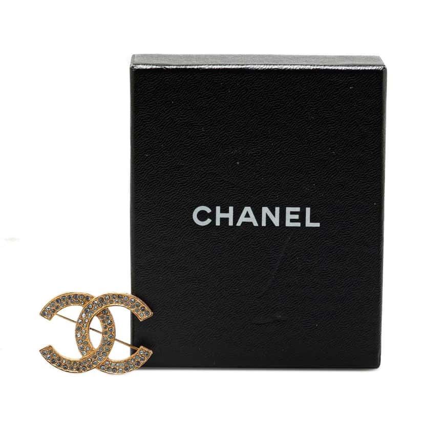 Chanel Gold Plated CC Crystal Brooch Gold Metal Good condition - Box View