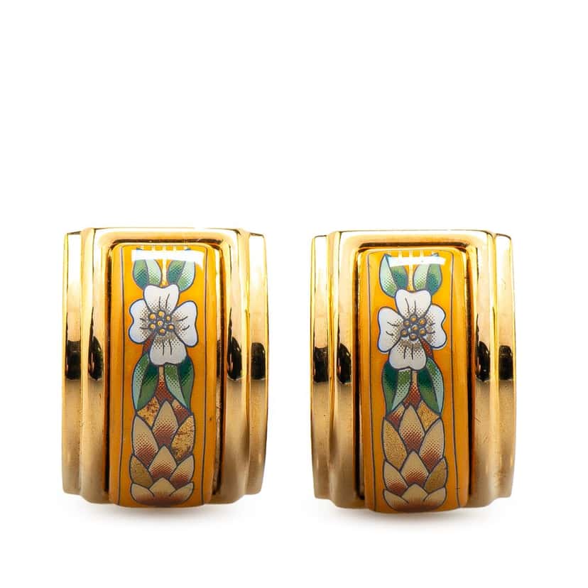 Hermès Enamel Cloisonne Flower Clip On Earrings Yellow Good condition - Front View