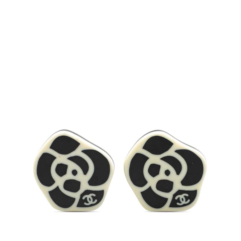 Chanel Resin Gold Plated CC Camellia Clip On Earrings Black Good condition - Front View