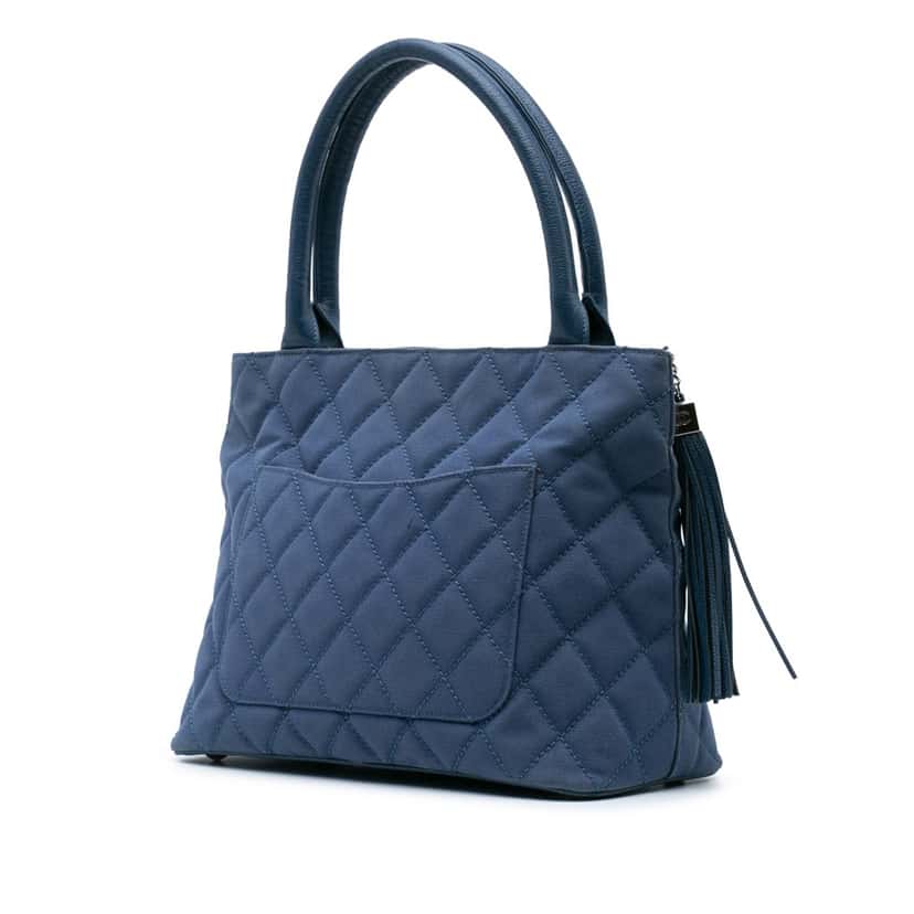 Chanel Quilted Canvas and Caviar Tassel Tote Blue Canvas Good condition - Back View