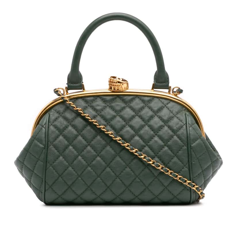 Chanel Small Quilted Calfskin Colosseum Lock Frame Bowling Bag Green Leather Good condition - Front View