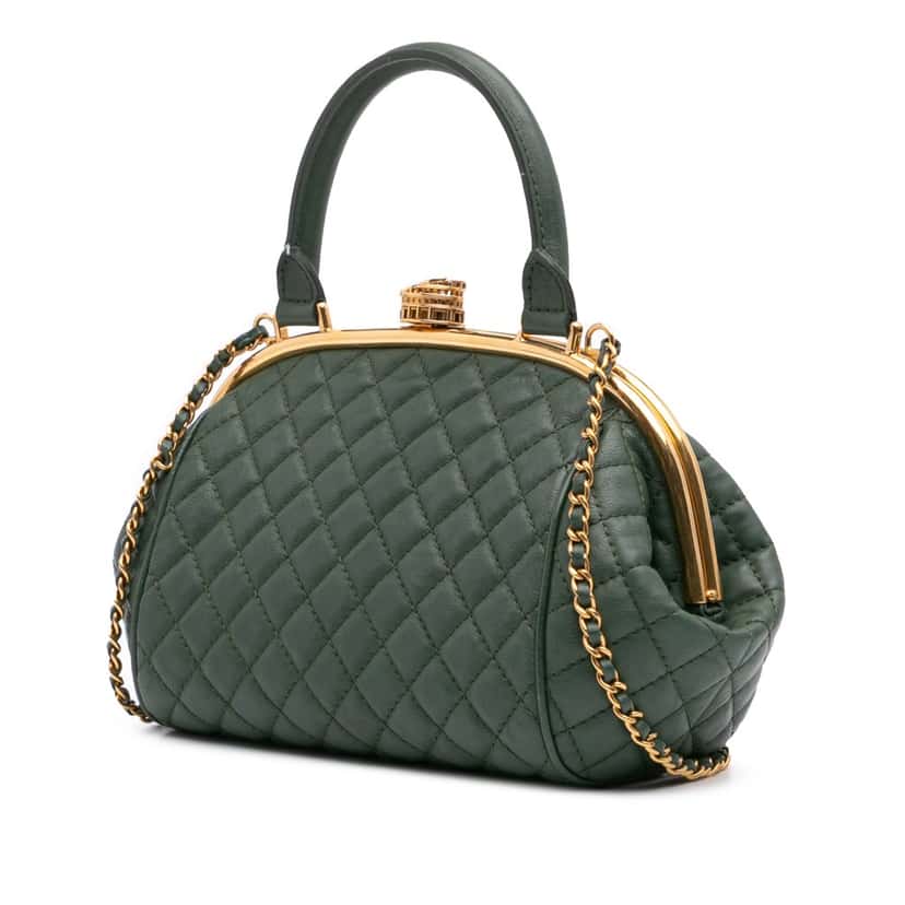 Chanel Small Quilted Calfskin Colosseum Lock Frame Bowling Bag Green Leather Good condition - Back View