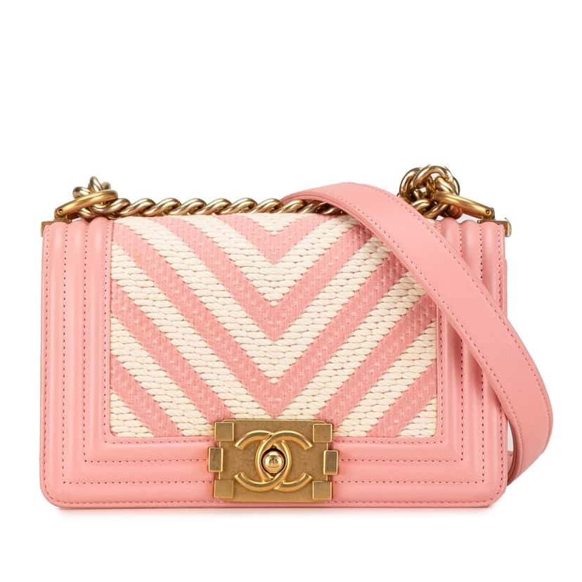 Chanel Small Braided Chevron Cotton and Lambskin Boy Flap Pink Cotton Good condition - Front View