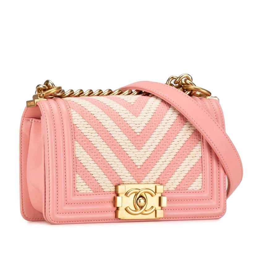 Chanel Small Braided Chevron Cotton and Lambskin Boy Flap Pink Cotton Good condition - Back View