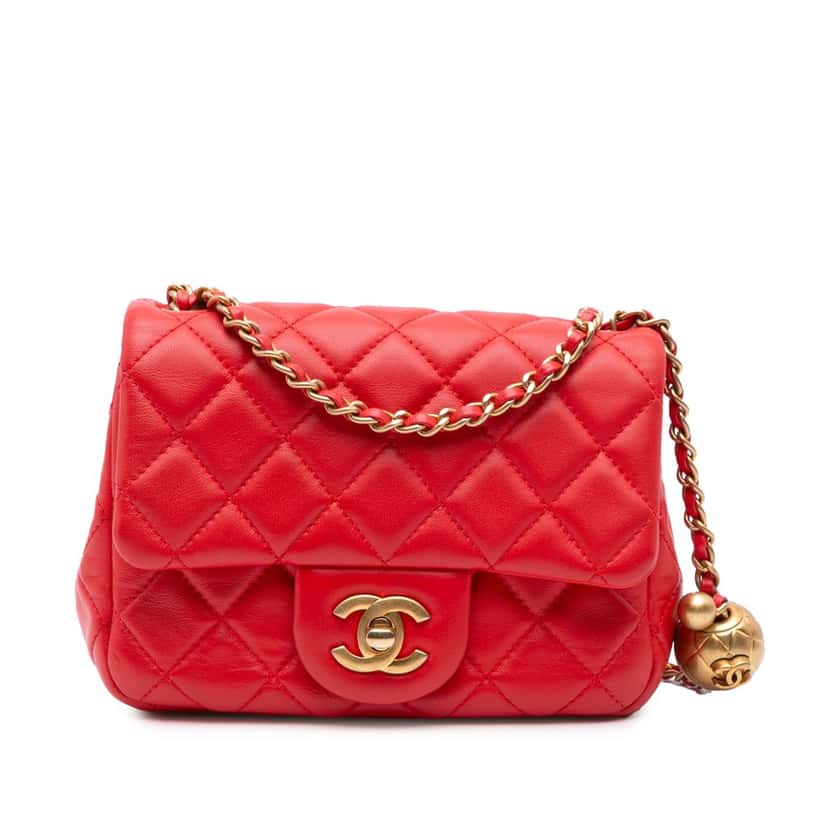 Chanel Mini Square Classic Lambskin Pearl Crush Single Flap Red Leather Very good condition - Front View