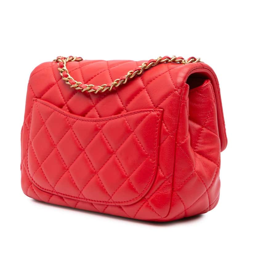 Chanel Mini Square Classic Lambskin Pearl Crush Single Flap Red Leather Very good condition - Back View