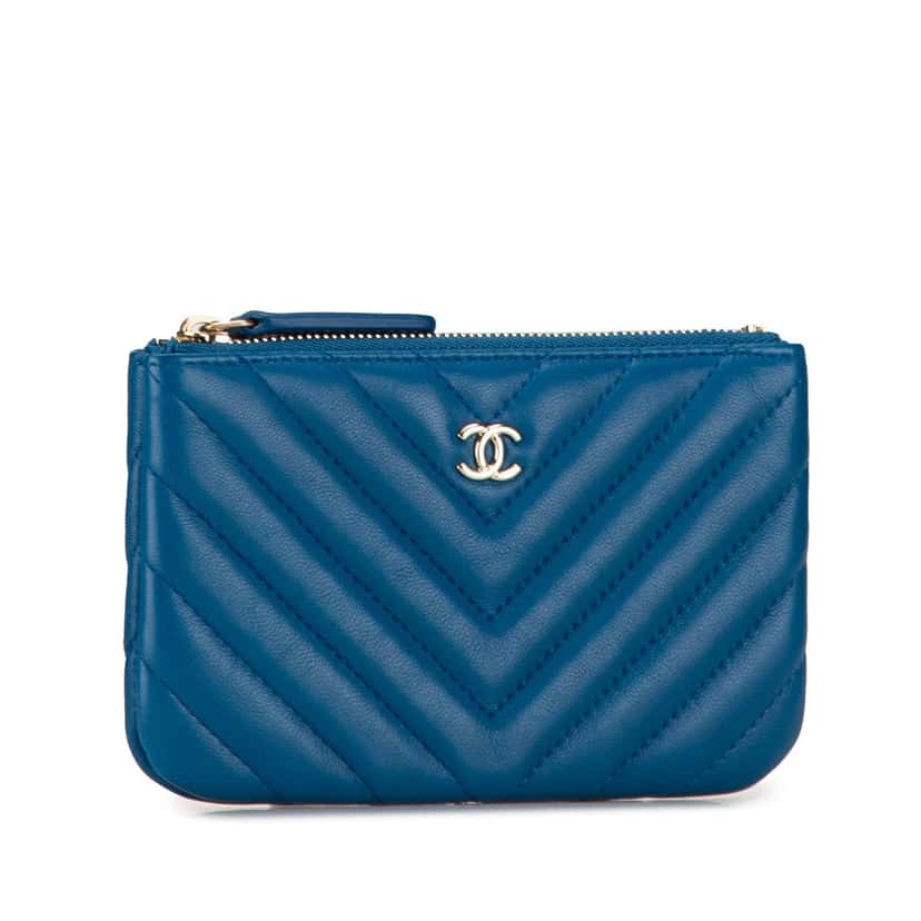 Chanel Chevron Lambskin O Case Pouch Blue Leather Good condition - Back View