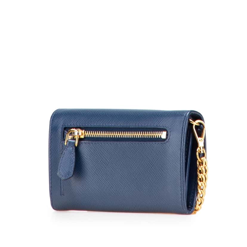 Prada Saffiano Card Holder on Chain Blue Leather Good condition - Back View
