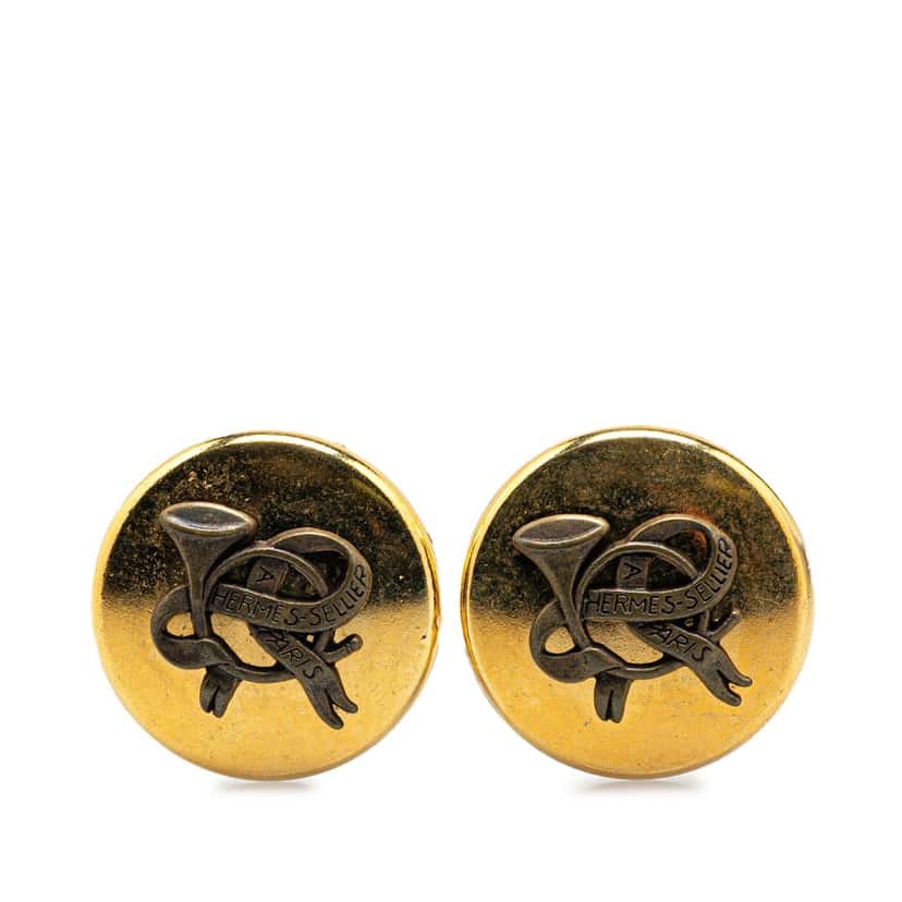 Hermès Gold Plated Horn Sellier Clip On Earrings Gold Metal Good condition - Front View