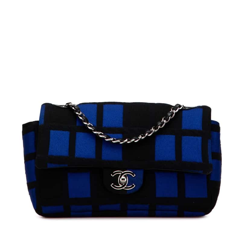 Chanel Medium Jersey Grid Single Flap Black Cotton Good condition - Front View