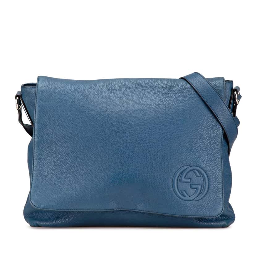 Gucci Pebbled Calfskin Soho Messenger Bag Blue Leather Good condition - Front View