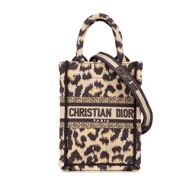 Dior Mizza Mini Embroidered Canvas Leopard Vertical Book Tote Brown Canvas Good condition - Front View