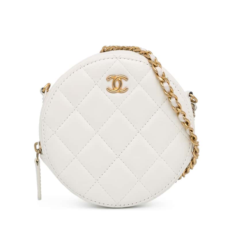 Chanel Quilted Lambskin Pearl Crush Round Clutch with Chain White Leather Very good condition - Front View