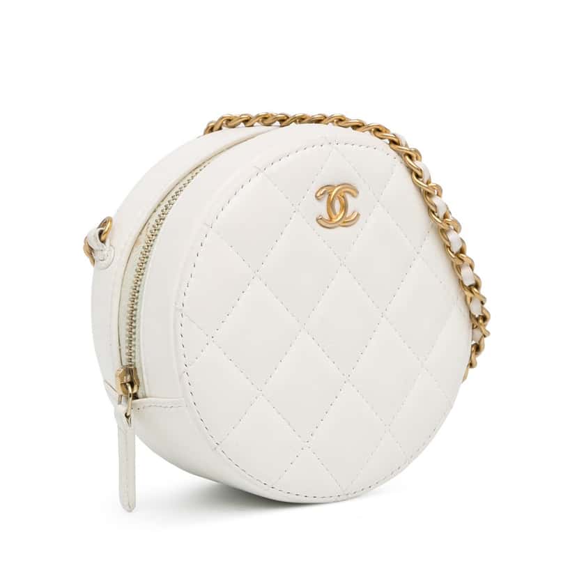 Chanel Quilted Lambskin Pearl Crush Round Clutch with Chain White Leather Very good condition - Back View