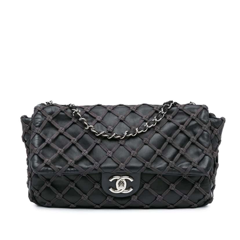 Chanel Jumbo Calfskin Canebiers Net Flap Black Leather Good condition - Front View