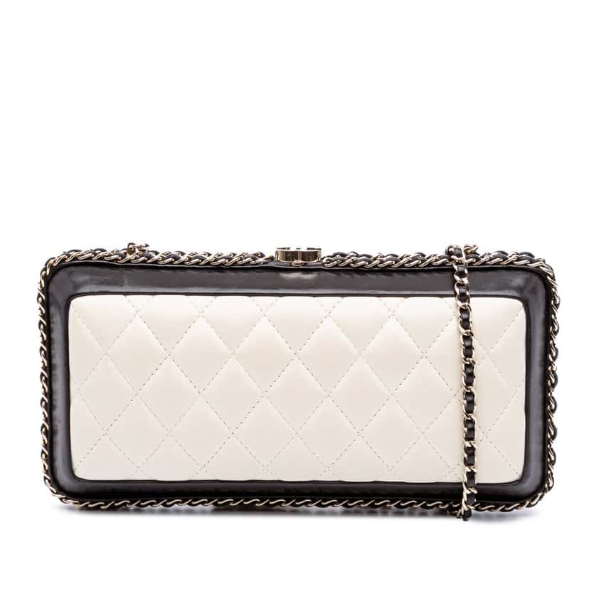 Chanel Bicolor Quilted Lambskin Chain Around Clutch White Leather Good condition - Front View