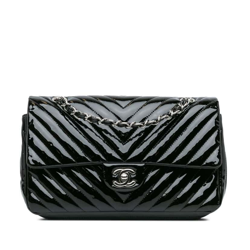 Chanel Medium Classic Chevron Patent Double Flap Black Leather Very good condition - Front View