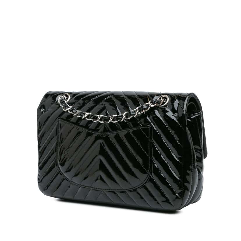 Chanel Medium Classic Chevron Patent Double Flap Black Leather Very good condition - Back View