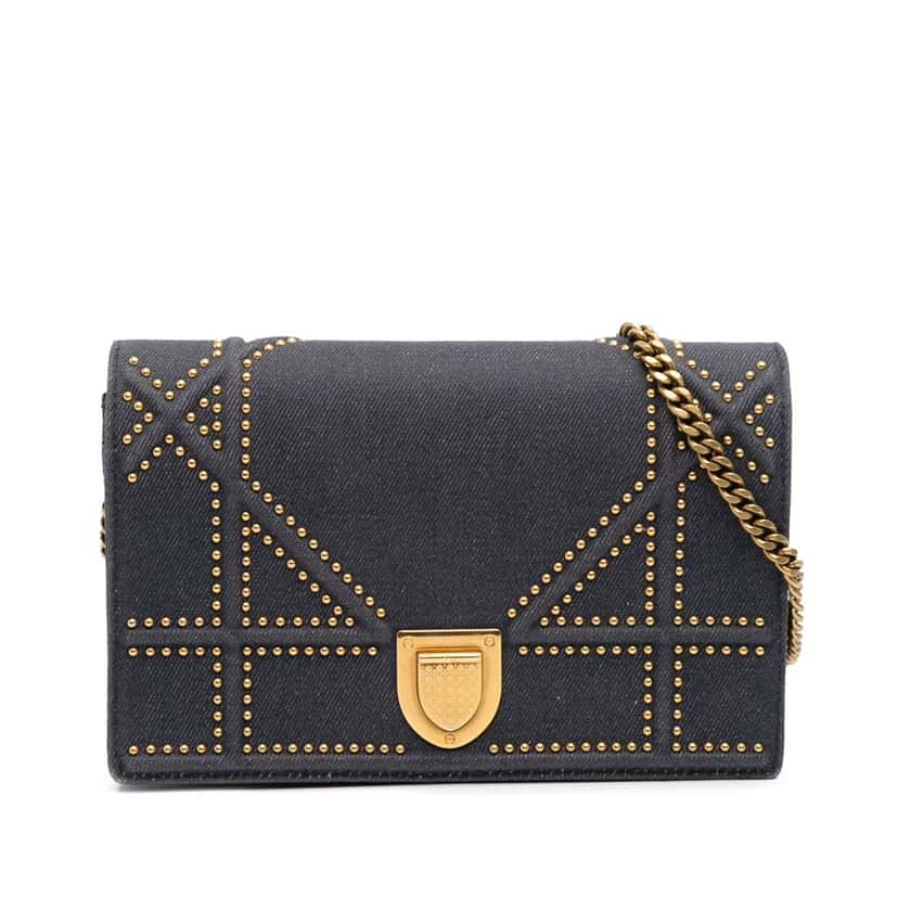 Dior Studded Denim Diorama Wallet on Chain Blue Denim Good condition - Front View