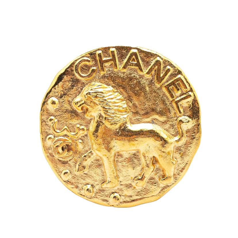Chanel Gold Plated CC Round Lion Brooch Gold Metal Good condition - Front View