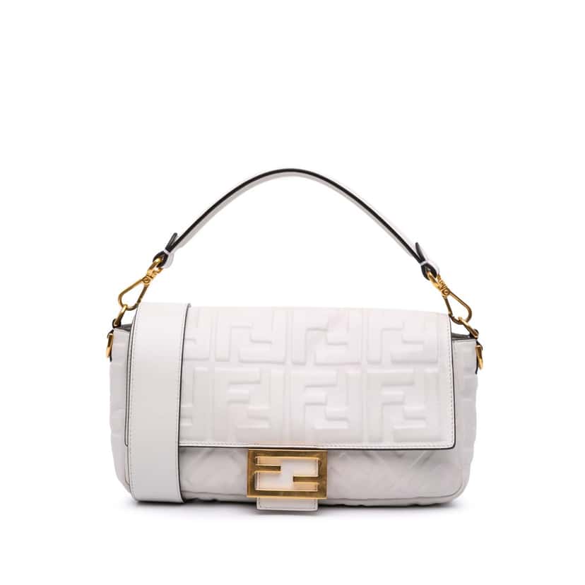 Fendi Zucca Embossed Leather Baguette Satchel White Leather Good condition - Front View