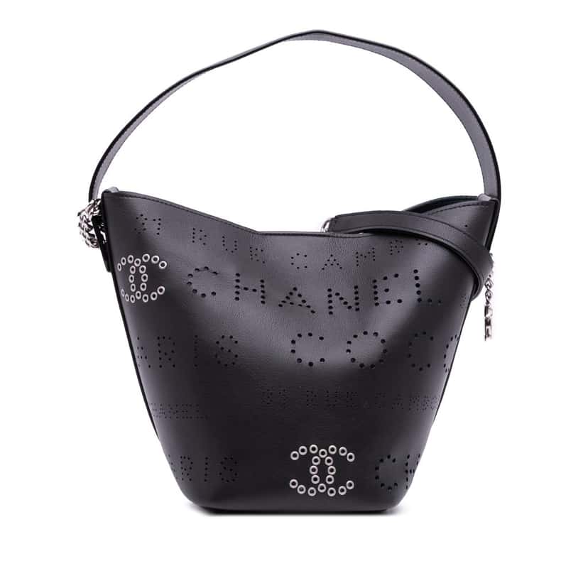 Chanel Calfskin and Tweed Small Piercing Light Bucket Bag Black Leather Good condition - Front View