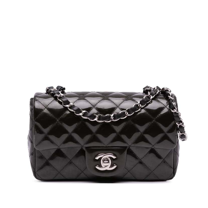 Chanel Mini Rectangular Classic Striped Patent Single Flap Black Leather Good condition - Front View