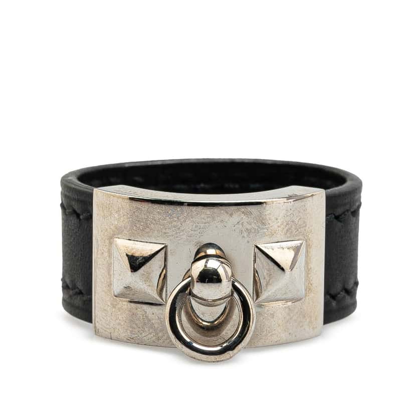 Hermès Leather and Palladium Plated Collier de Chien Ring Black Leather Good condition - Front View