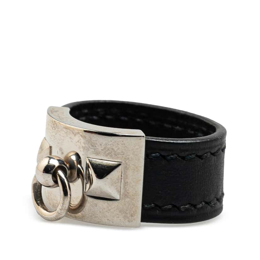 Hermès Leather and Palladium Plated Collier de Chien Ring Black Leather Good condition - Back View
