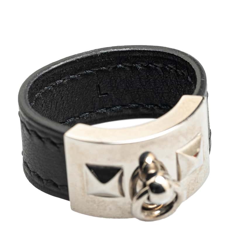 Hermès Leather and Palladium Plated Collier de Chien Ring Black Leather Good condition - Box View