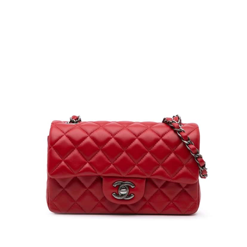 Chanel Mini Rectangular Classic Lambskin Single Flap Red Leather Good condition - Front View