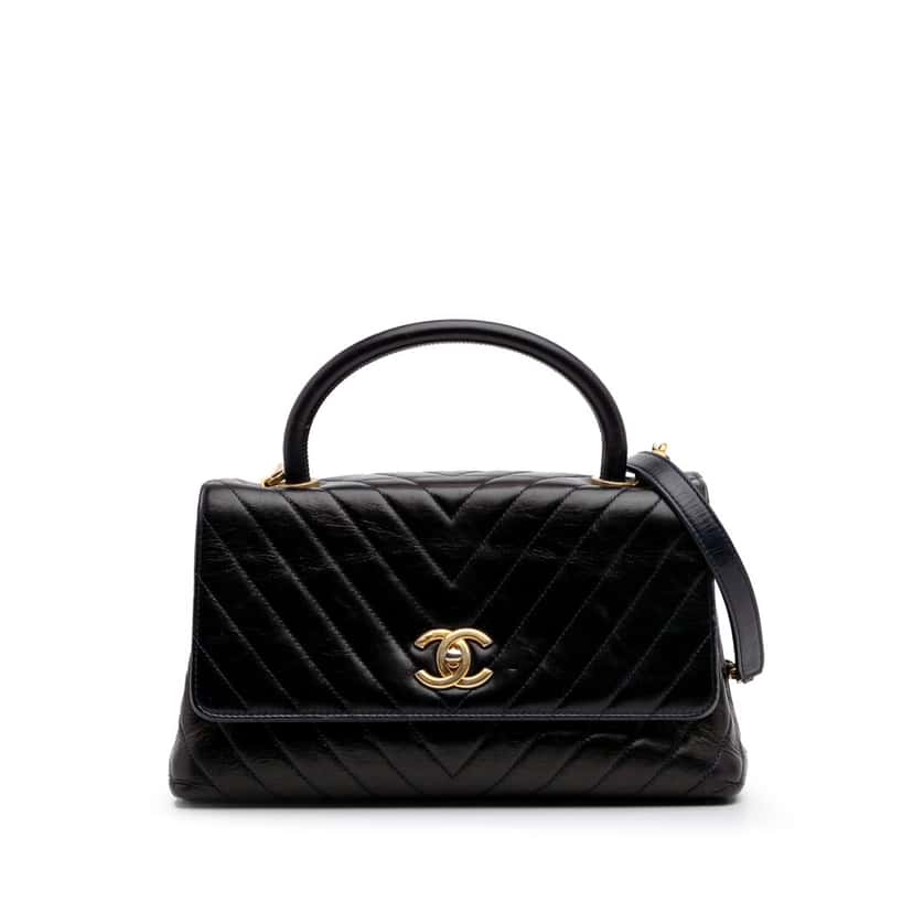 Chanel Medium Chevron Aged Calfskin Coco Top Handle Bag Black Leather Good condition - Front View
