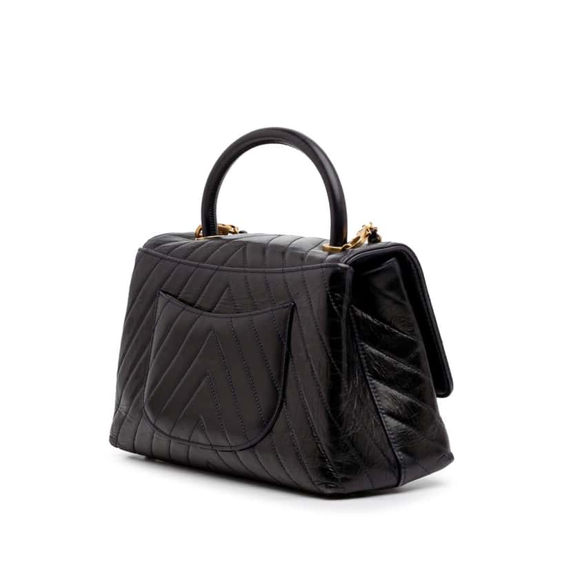 Chanel Medium Chevron Aged Calfskin Coco Top Handle Bag Black Leather Good condition - Back View