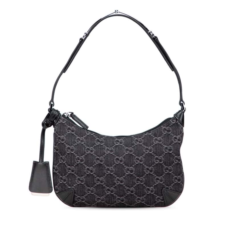 Gucci Small GG Denim Horsebit Slim Hobo Black Denim Good condition - Front View