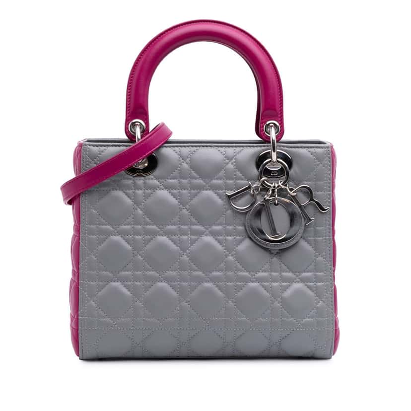 Dior Medium Bicolor Lambskin Cannage Lady Dior Grey Leather Good condition - Front View
