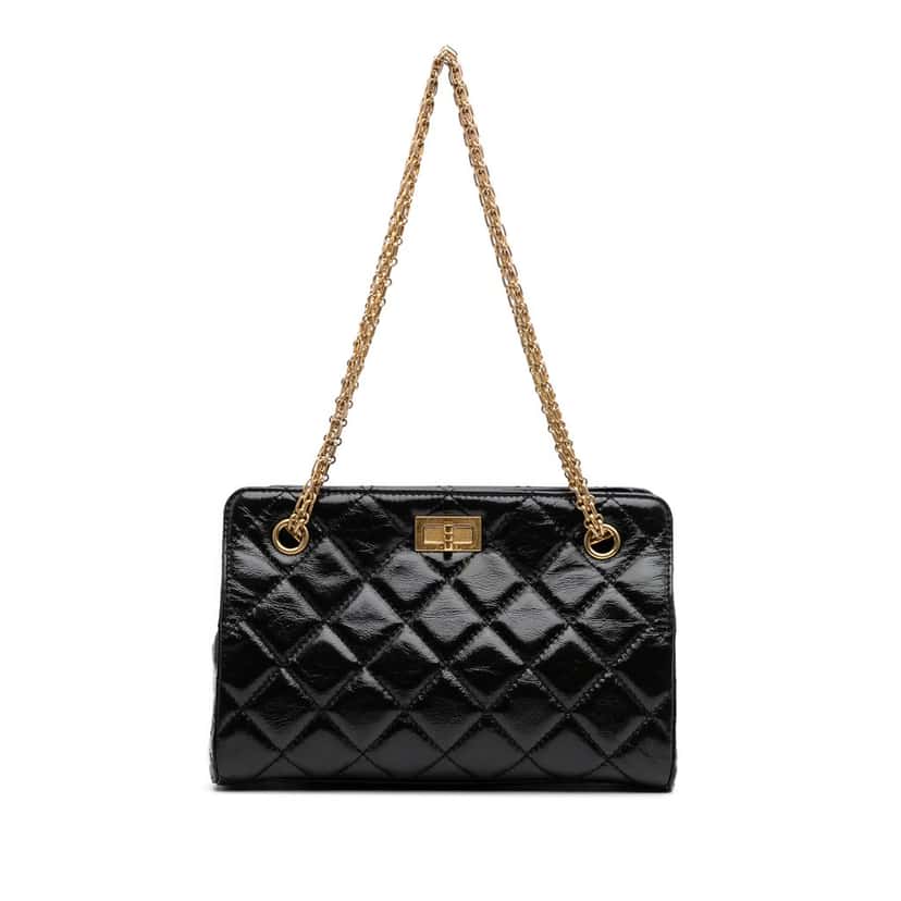 Chanel Reissue 2.55 Glazed Crackled Calfskin Shopping Bag Black Leather Good condition - Front View