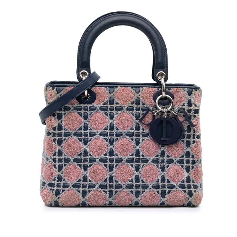 Dior Medium Lambskin And Tweed Cannage Lady Dior Blue Leather Good condition - Front View